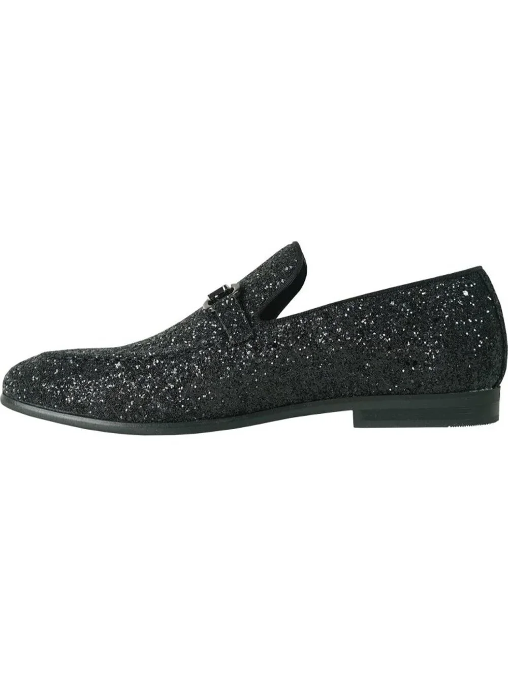 Men's Black Glitter Loafers Metal Buckle Cap Toe Metallic Slip On Party Shoes